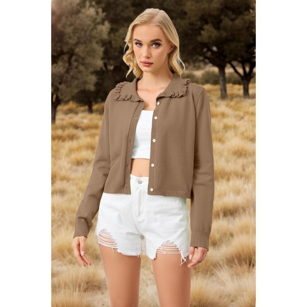 Womens Ruffle Collar Cropped Cardigan Lightweight Knit Fall Casual Large - Picture 2 of 5